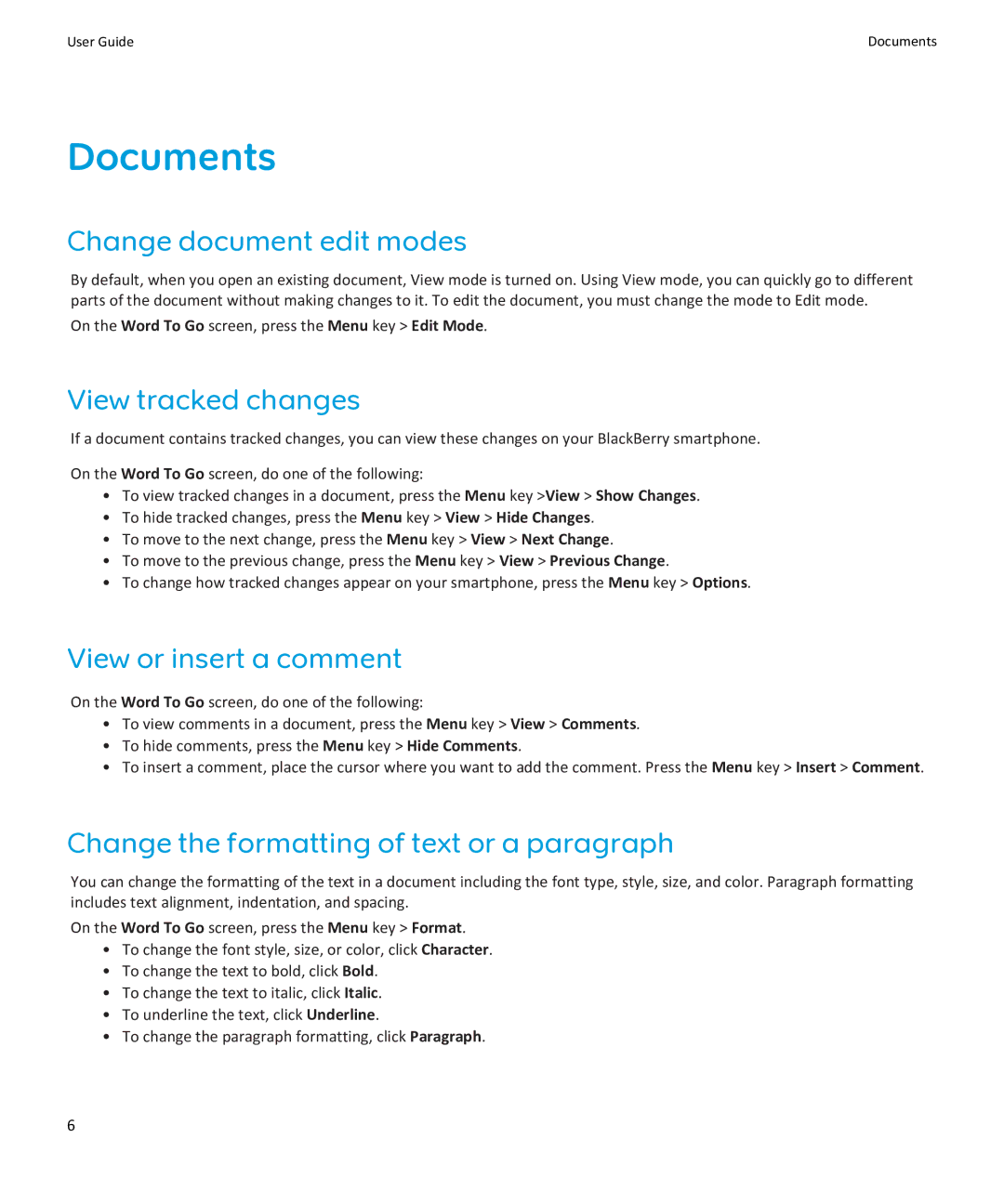 Blackberry SWD-1450503-1210090559-001 manual Documents, Change document edit modes, View tracked changes 