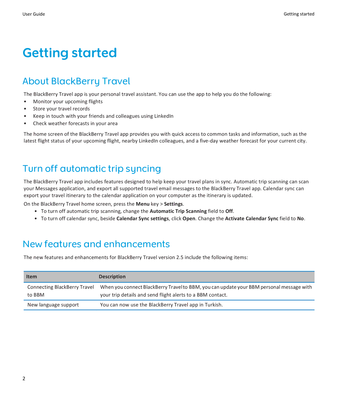 Blackberry SWD-2005926-0418040813-001 manual Getting started, About BlackBerry Travel, Turn off automatic trip syncing 