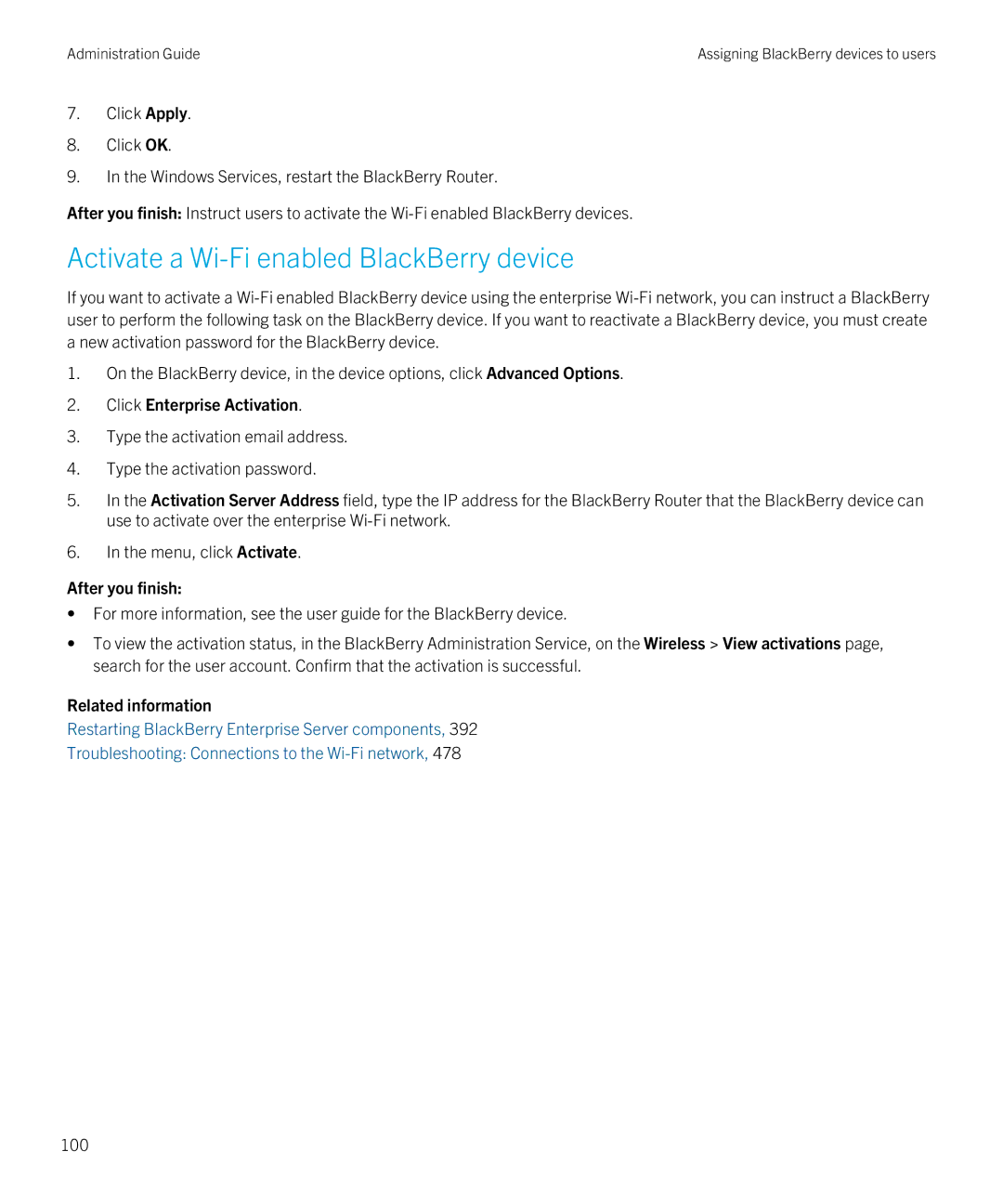 Blackberry SWD-20120924140022907 manual Activate a Wi-Fi enabled BlackBerry device, Click Enterprise Activation, 100 