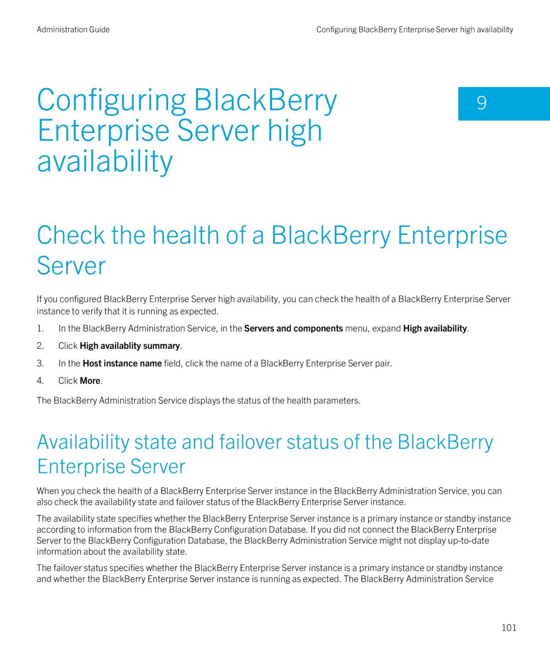 Blackberry SWD-20120924140022907 manual Configuring BlackBerry Enterprise Server high Availability, 101 