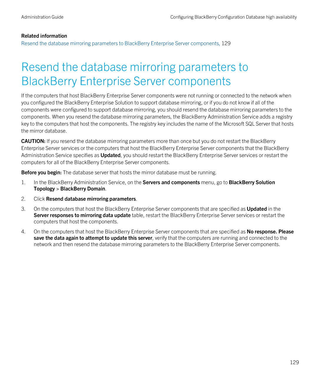 Blackberry SWD-20120924140022907 manual Click Resend database mirroring parameters, 129 