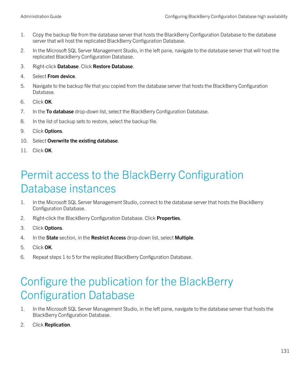 Blackberry SWD-20120924140022907 manual Select Overwrite the existing database, Click Replication, 131 