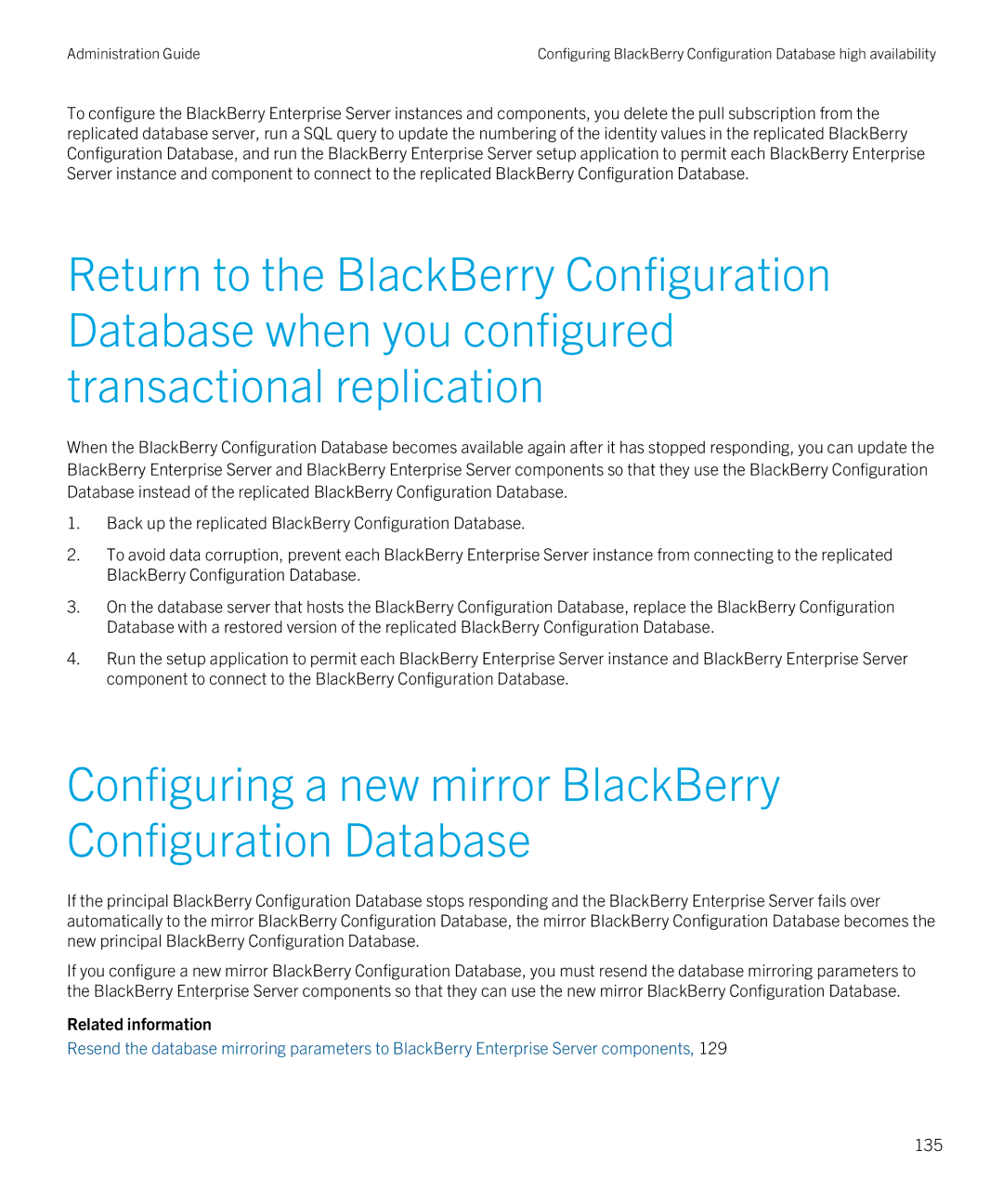 Blackberry SWD-20120924140022907 manual Configuring a new mirror BlackBerry Configuration Database, 135 