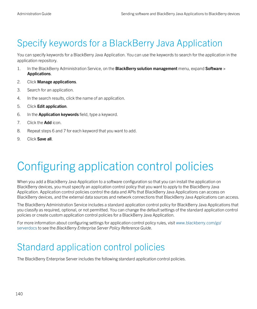 Blackberry SWD-20120924140022907 manual Configuring application control policies, Standard application control policies 