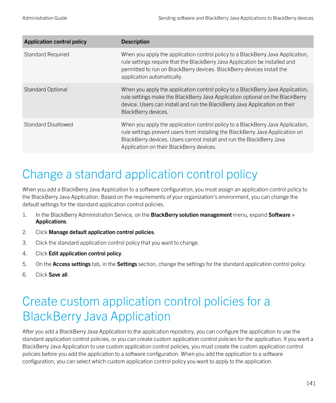 Blackberry SWD-20120924140022907 Change a standard application control policy, Application control policy Description 