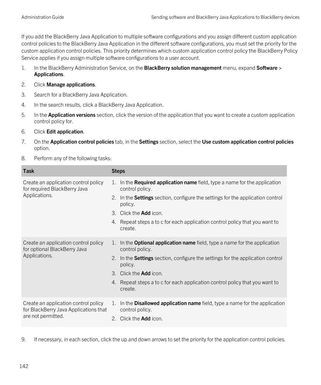 Blackberry SWD-20120924140022907 manual Perform any of the following tasks, Create an application control policy, Policy 