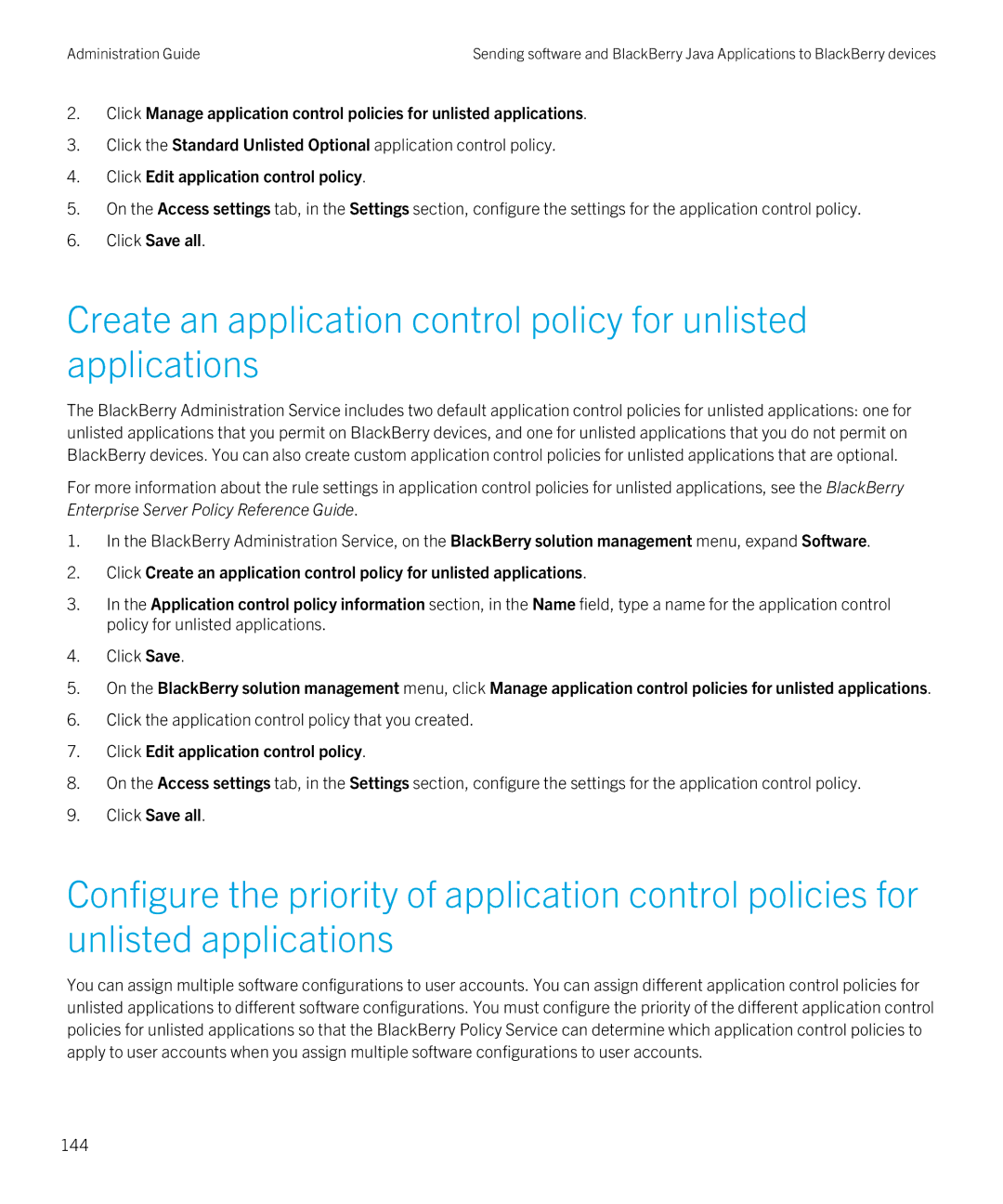 Blackberry SWD-20120924140022907 manual Click the application control policy that you created, 144 