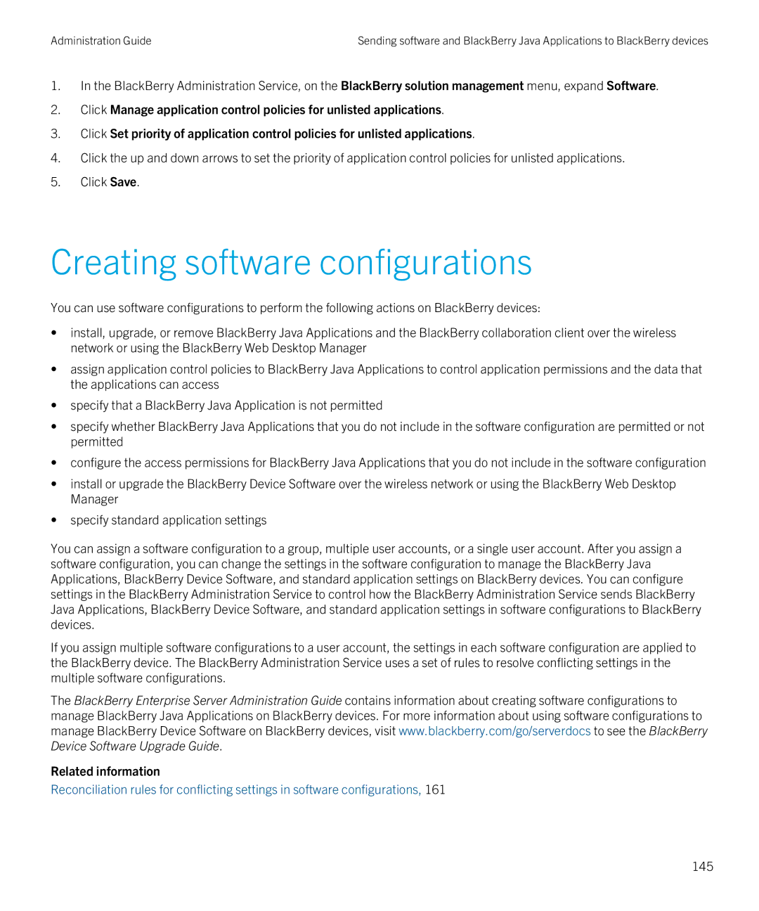 Blackberry SWD-20120924140022907 manual Creating software configurations, 145 