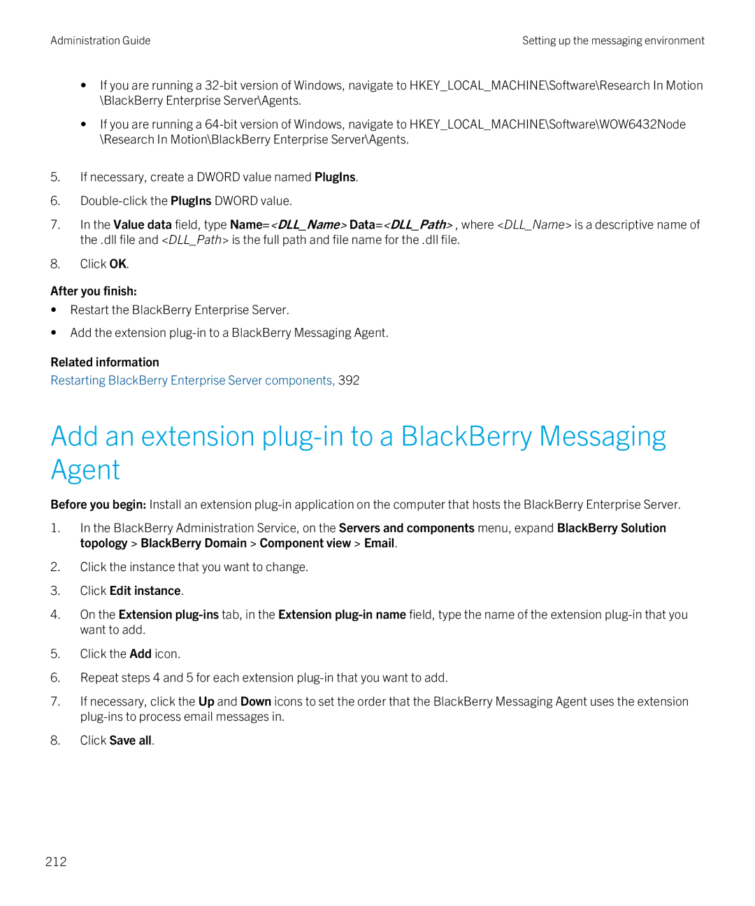 Blackberry SWD-20120924140022907 manual Add an extension plug-in to a BlackBerry Messaging Agent, 212 