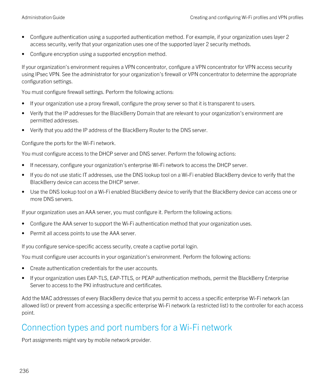 Blackberry SWD-20120924140022907 manual Connection types and port numbers for a Wi-Fi network 