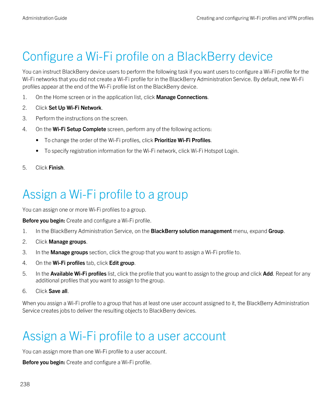 Blackberry SWD-20120924140022907 manual Configure a Wi-Fi profile on a BlackBerry device, Assign a Wi-Fi profile to a group 