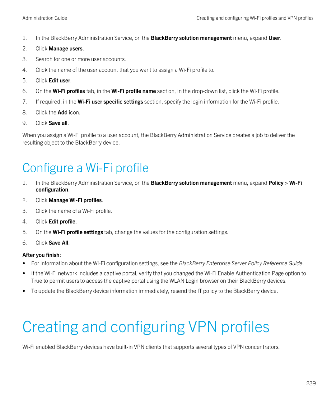 Blackberry SWD-20120924140022907 Creating and configuring VPN profiles, Configure a Wi-Fi profile, Click Edit profile 