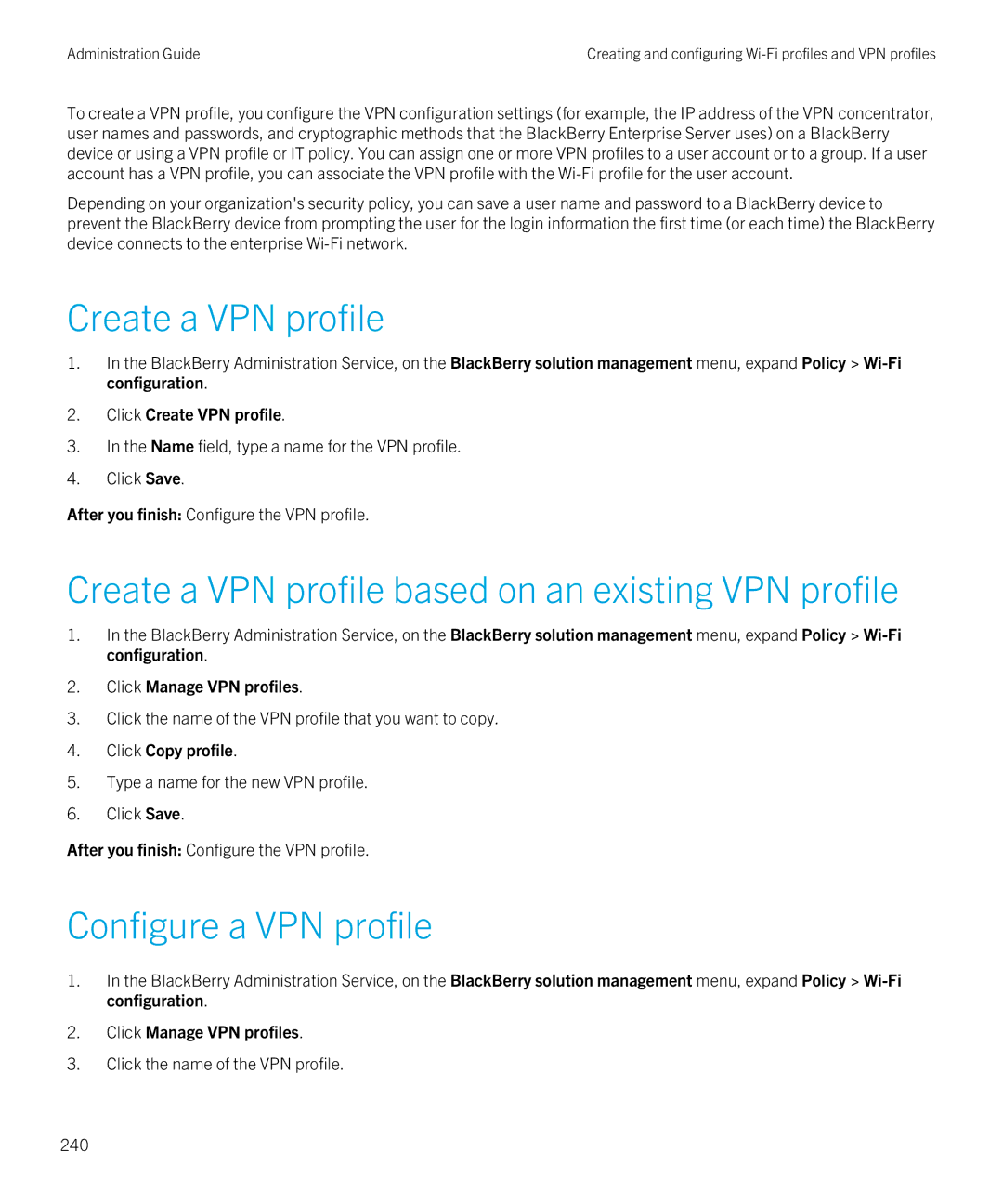 Blackberry SWD-20120924140022907 manual Create a VPN profile based on an existing VPN profile, Configure a VPN profile 