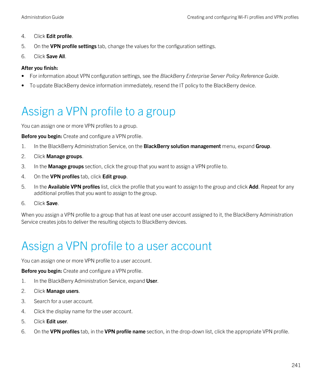 Blackberry SWD-20120924140022907 manual Assign a VPN profile to a group, Assign a VPN profile to a user account 