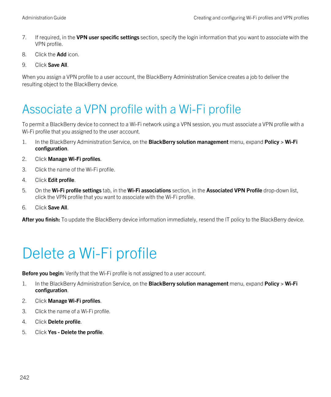 Blackberry SWD-20120924140022907 manual Delete a Wi-Fi profile, Associate a VPN profile with a Wi-Fi profile, 242 