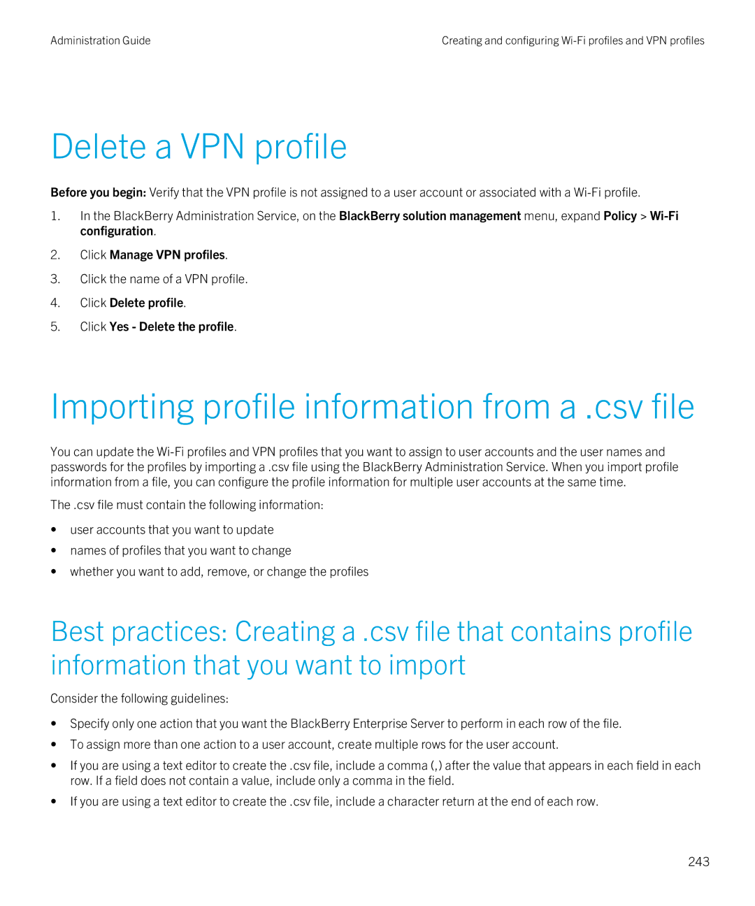 Blackberry SWD-20120924140022907 manual Delete a VPN profile, Importing profile information from a .csv file 