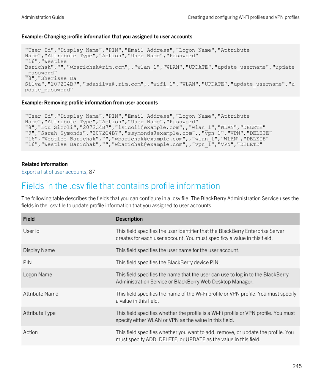 Blackberry SWD-20120924140022907 manual Fields in the .csv file that contains profile information 