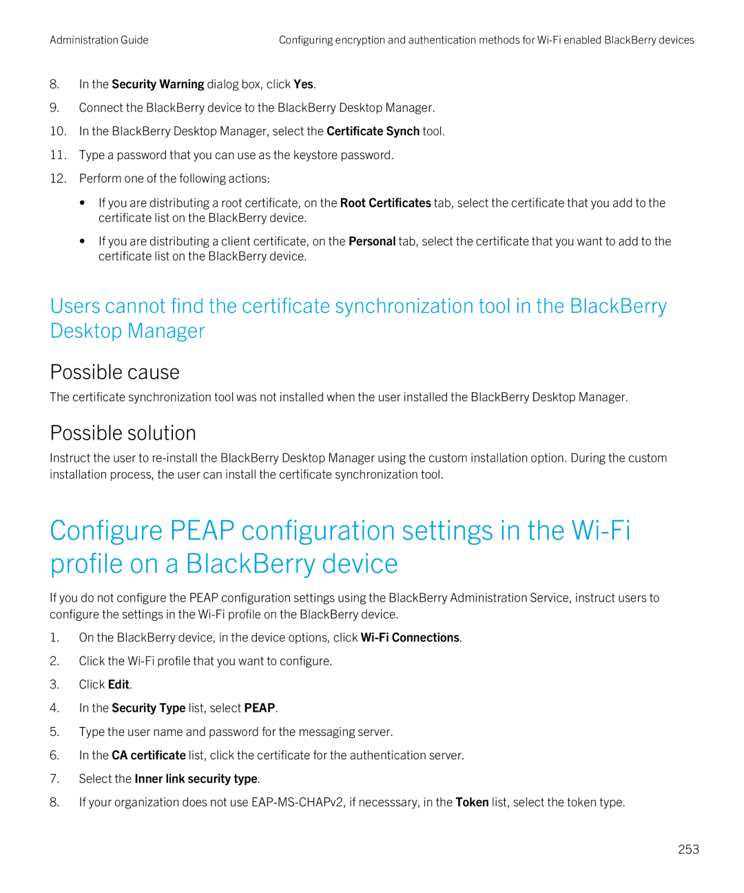 Blackberry SWD-20120924140022907 manual Possible cause, Select the Inner link security type 