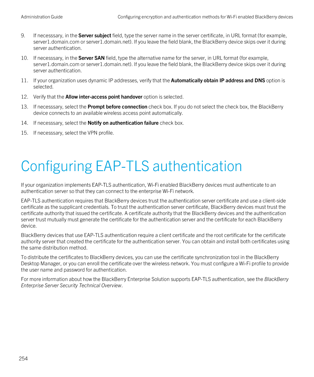 Blackberry SWD-20120924140022907 manual Configuring EAP-TLS authentication 