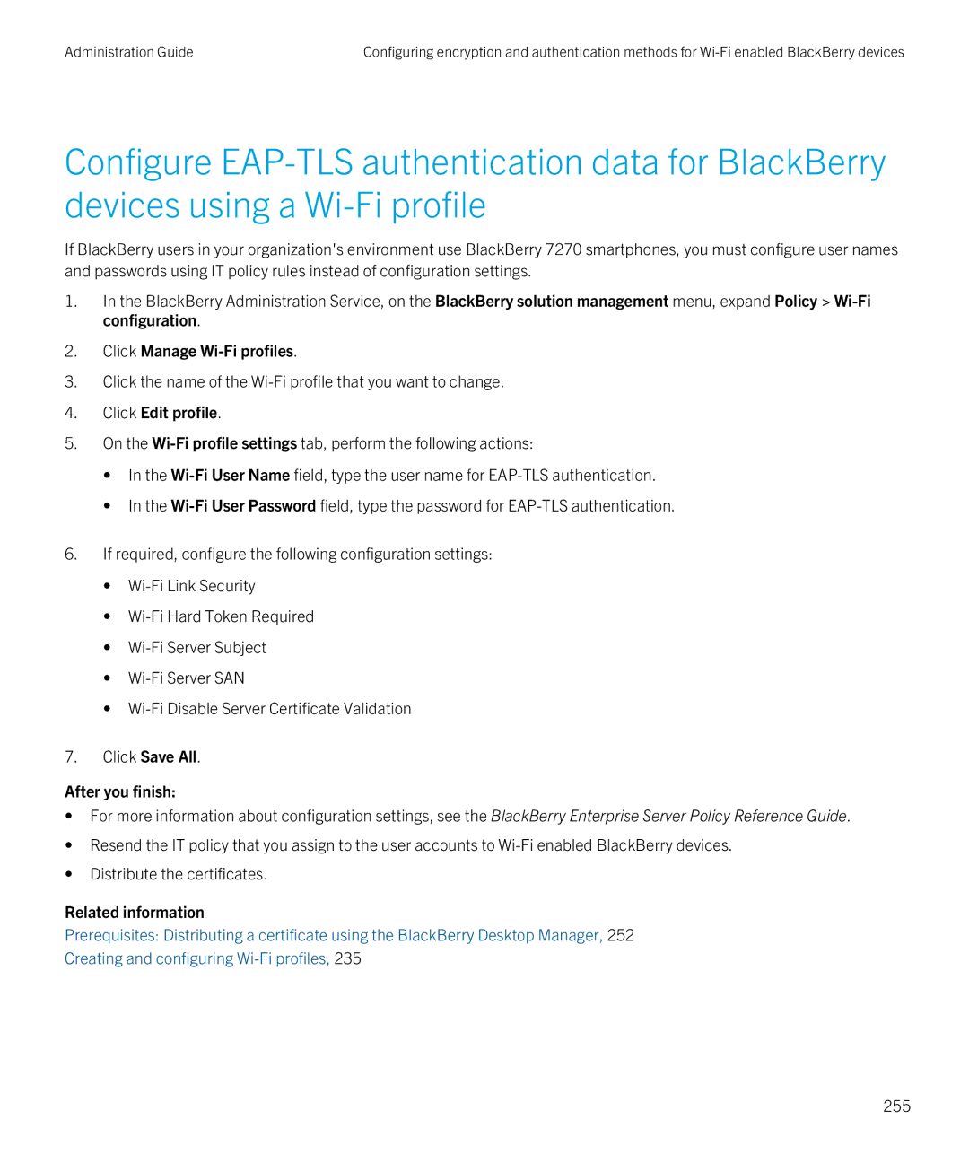 Blackberry SWD-20120924140022907 manual Click Manage Wi-Fi profiles, 255 