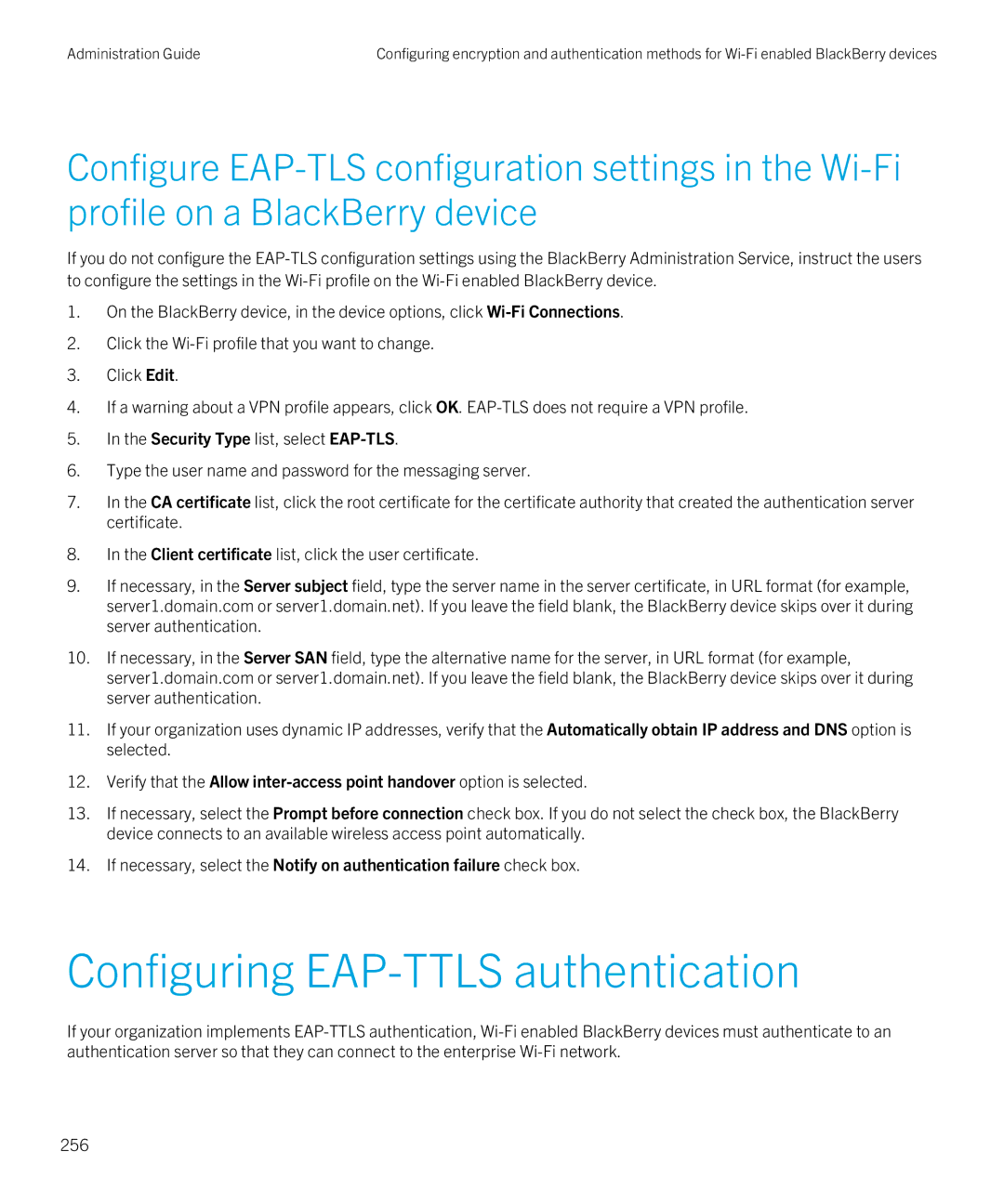 Blackberry SWD-20120924140022907 manual Configuring EAP-TTLS authentication 