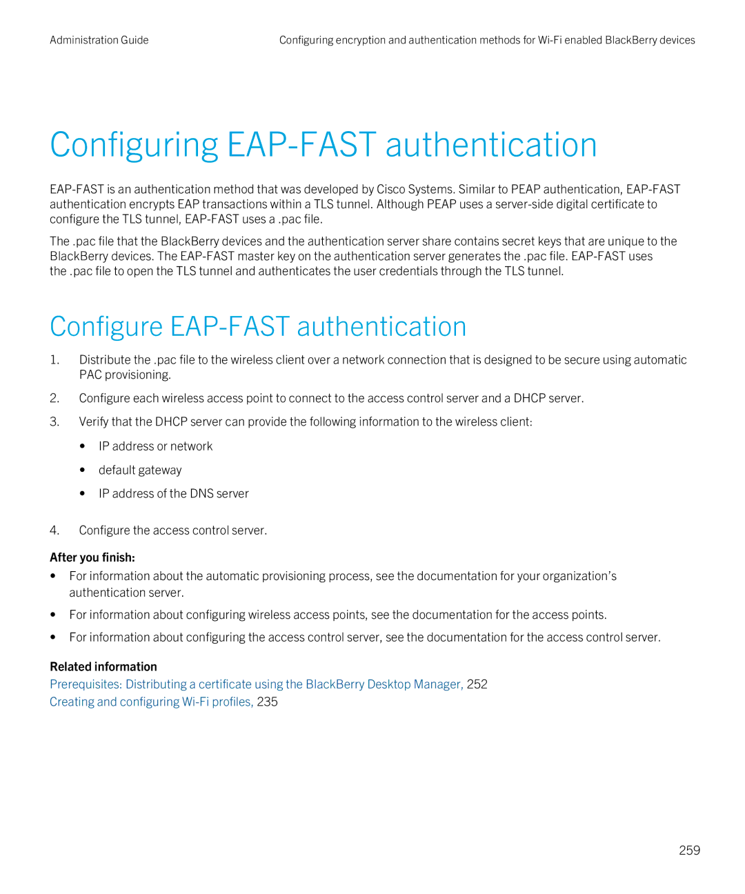 Blackberry SWD-20120924140022907 manual Configuring EAP-FAST authentication, Configure EAP-FAST authentication, 259 