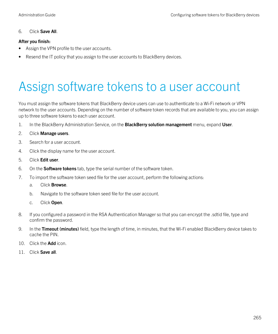 Blackberry SWD-20120924140022907 manual Assign software tokens to a user account, 265 