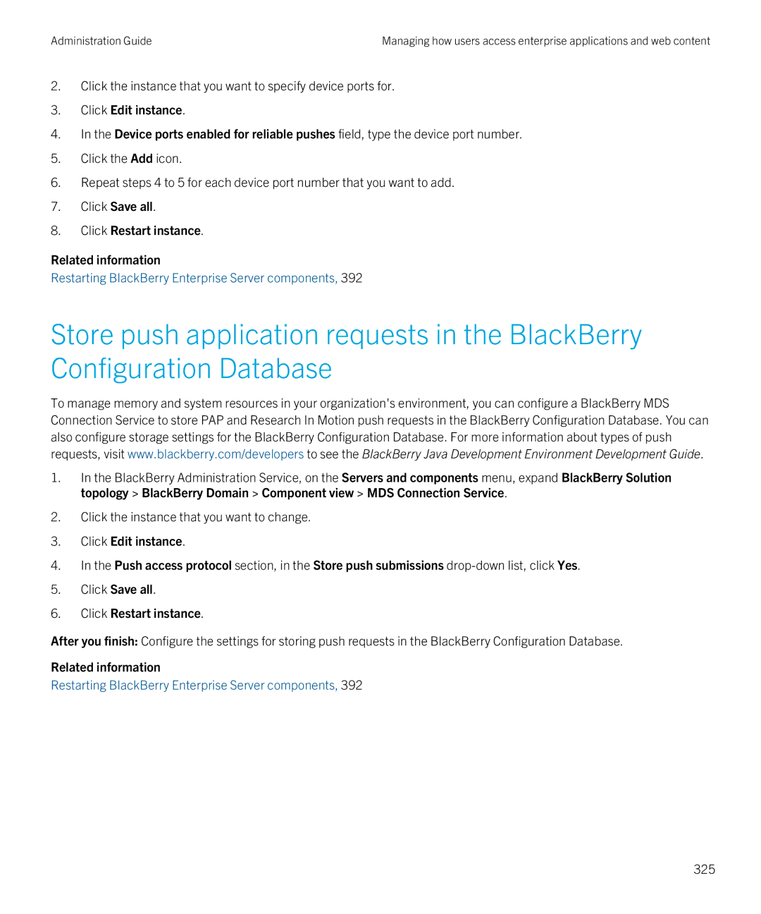 Blackberry SWD-20120924140022907 manual Click Save all Click Restart instance Related information, 325 