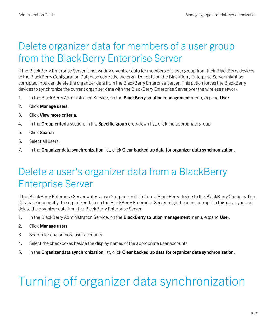 Blackberry SWD-20120924140022907 manual Turning off organizer data synchronization, 329 