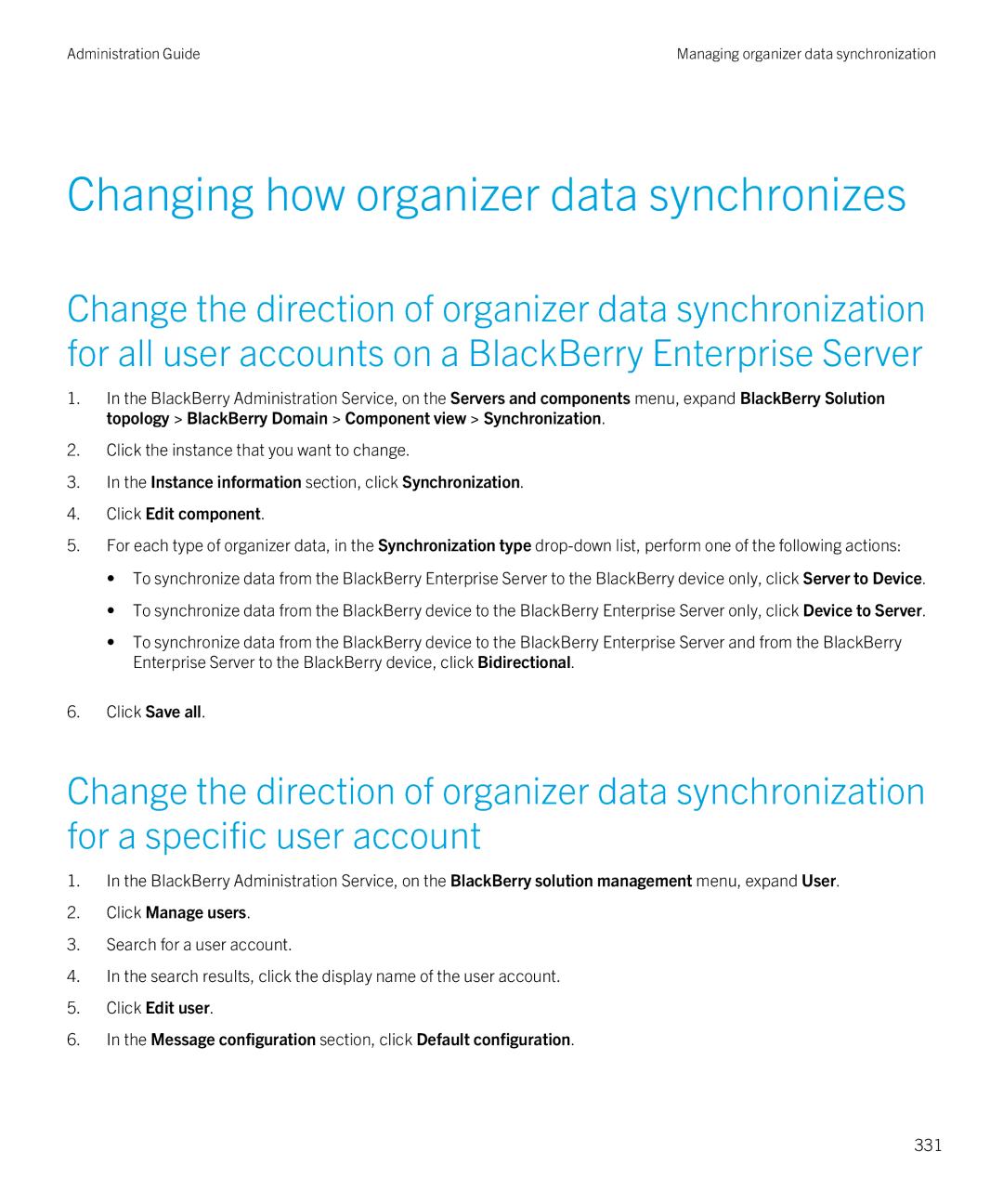 Blackberry SWD-20120924140022907 manual Changing how organizer data synchronizes, 331 