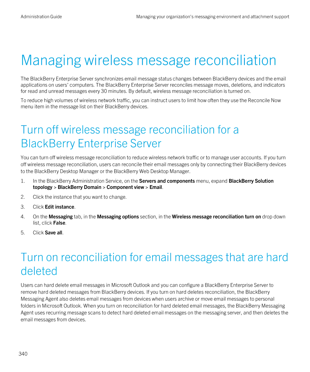 Blackberry SWD-20120924140022907 manual Managing wireless message reconciliation 