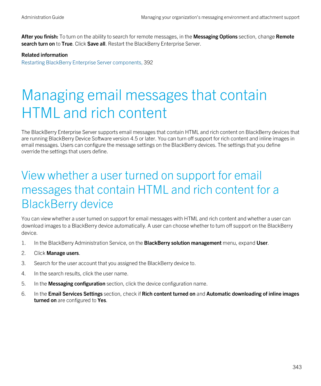 Blackberry SWD-20120924140022907 manual Managing email messages that contain Html and rich content, 343 