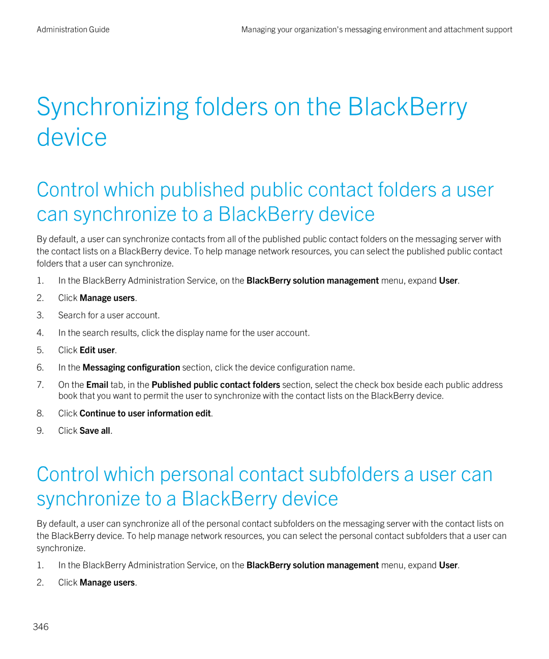 Blackberry SWD-20120924140022907 manual Synchronizing folders on the BlackBerry device, 346 