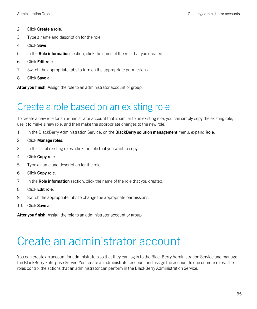 Blackberry SWD-20120924140022907 manual Create an administrator account, Create a role based on an existing role 