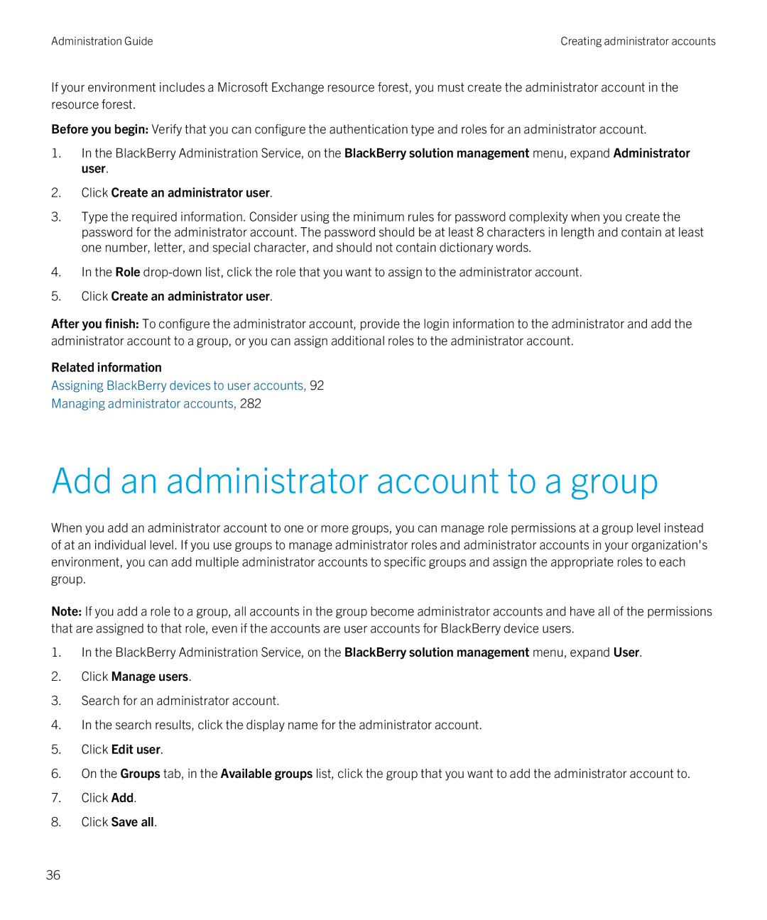 Blackberry SWD-20120924140022907 manual Add an administrator account to a group, Click Create an administrator user 