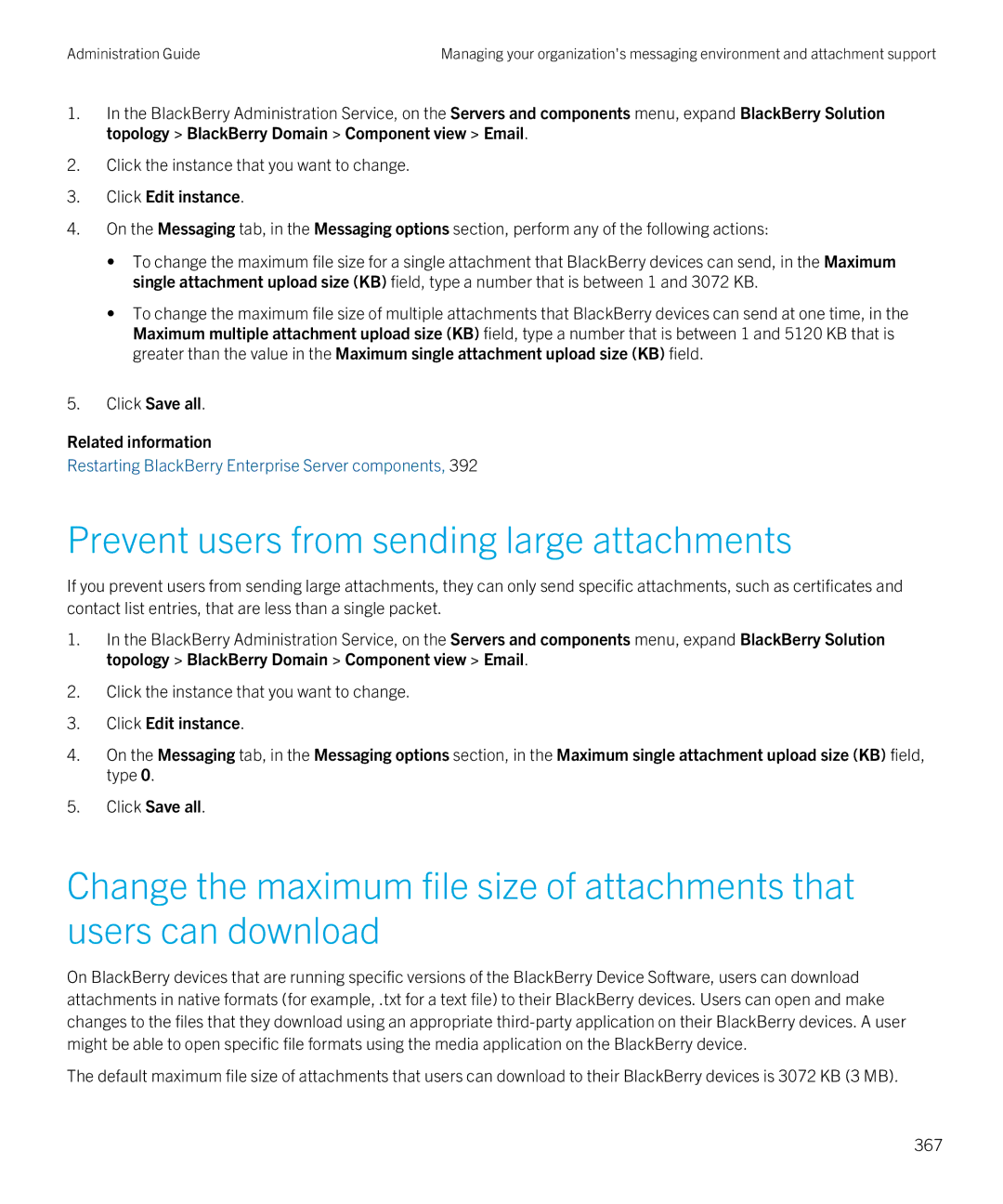Blackberry SWD-20120924140022907 manual Prevent users from sending large attachments, Click Save all Related information 