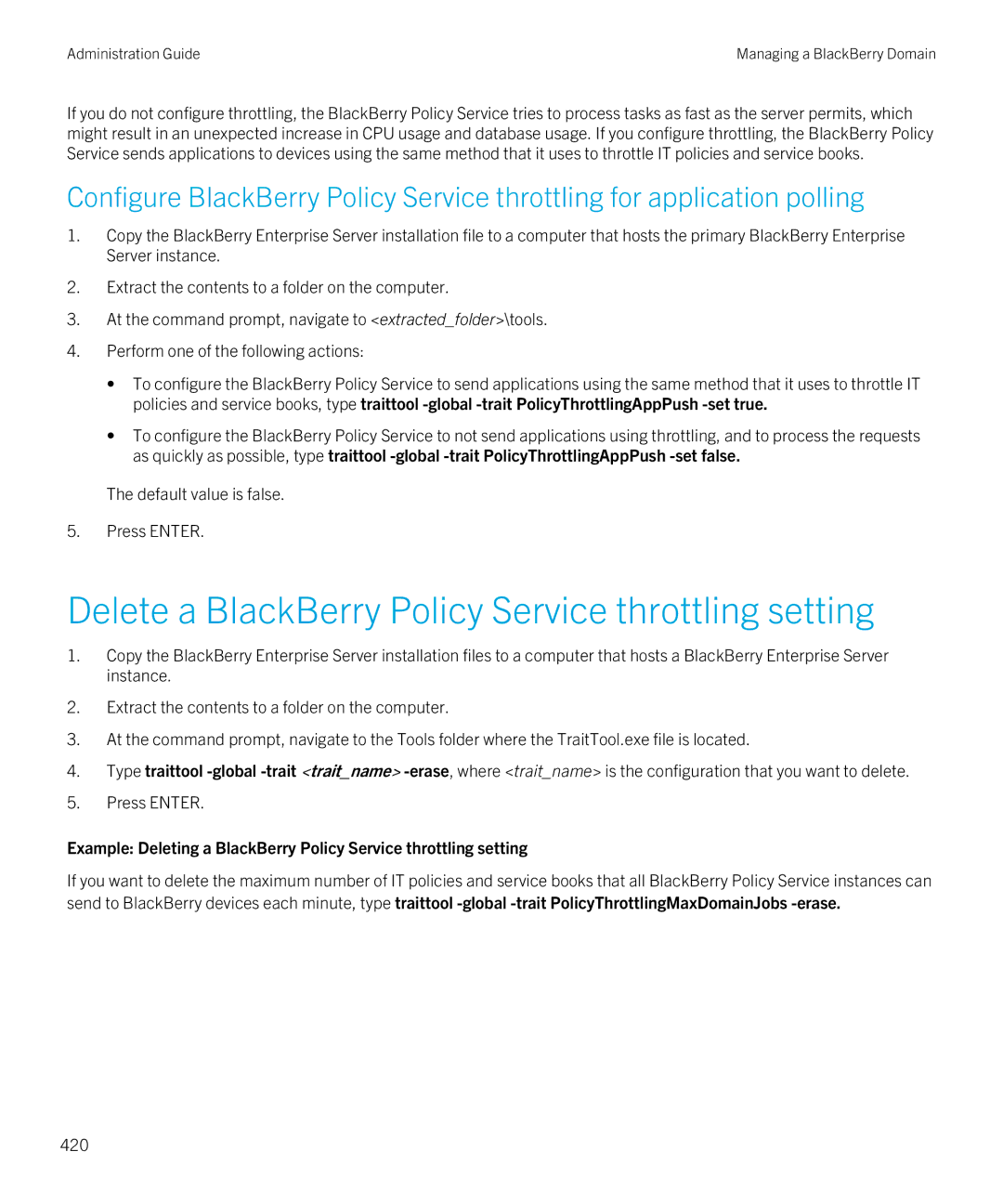 Blackberry SWD-20120924140022907 manual Delete a BlackBerry Policy Service throttling setting, 420 