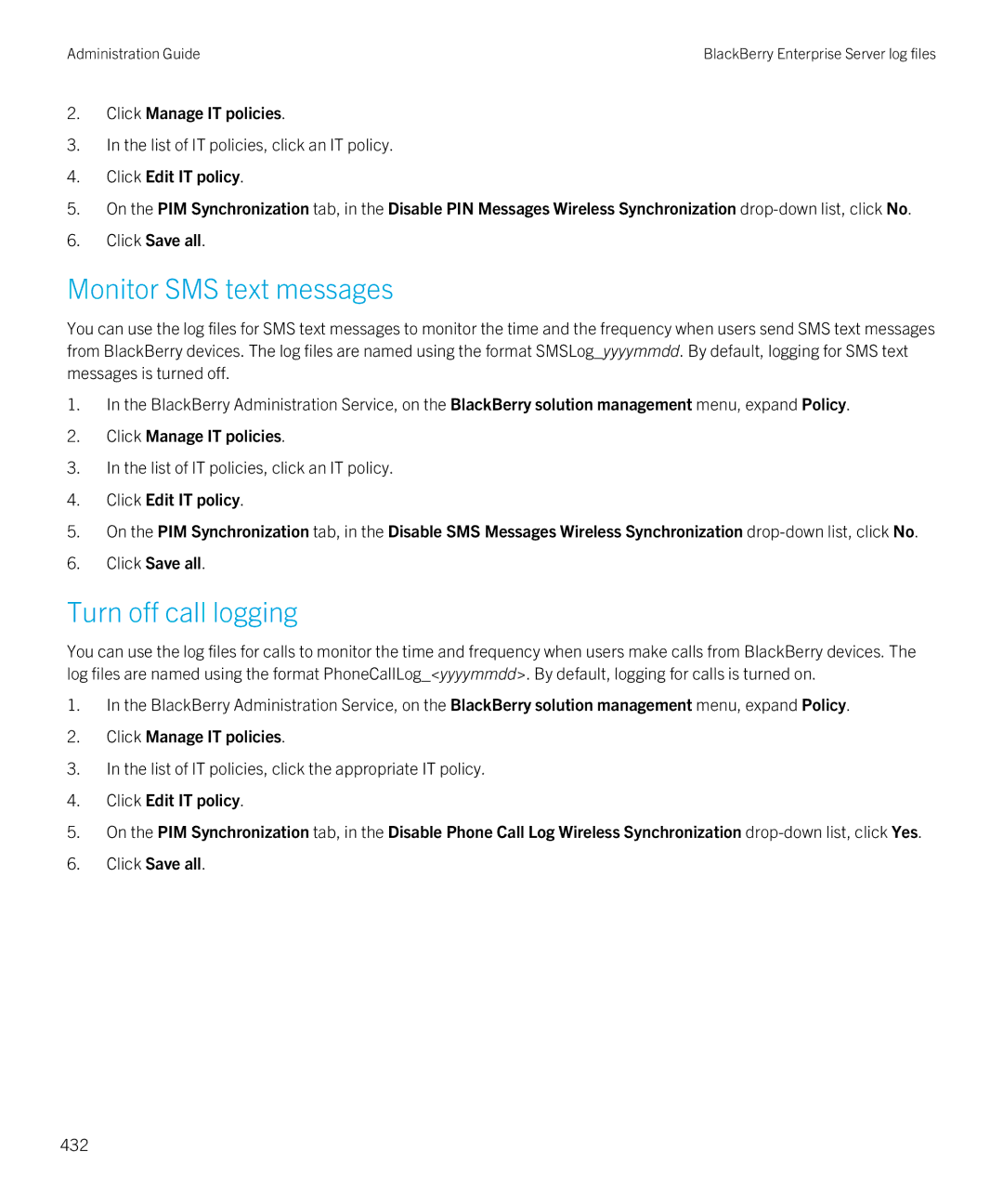 Blackberry SWD-20120924140022907 manual Monitor SMS text messages, Turn off call logging, 432 