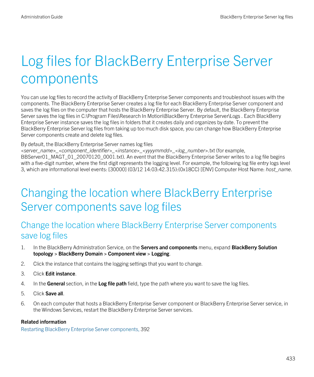 Blackberry SWD-20120924140022907 manual Log files for BlackBerry Enterprise Server components, 433 