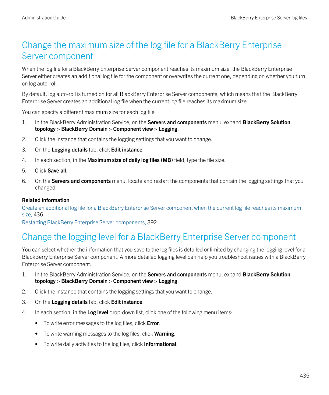 Blackberry SWD-20120924140022907 manual On the Logging details tab, click Edit instance 