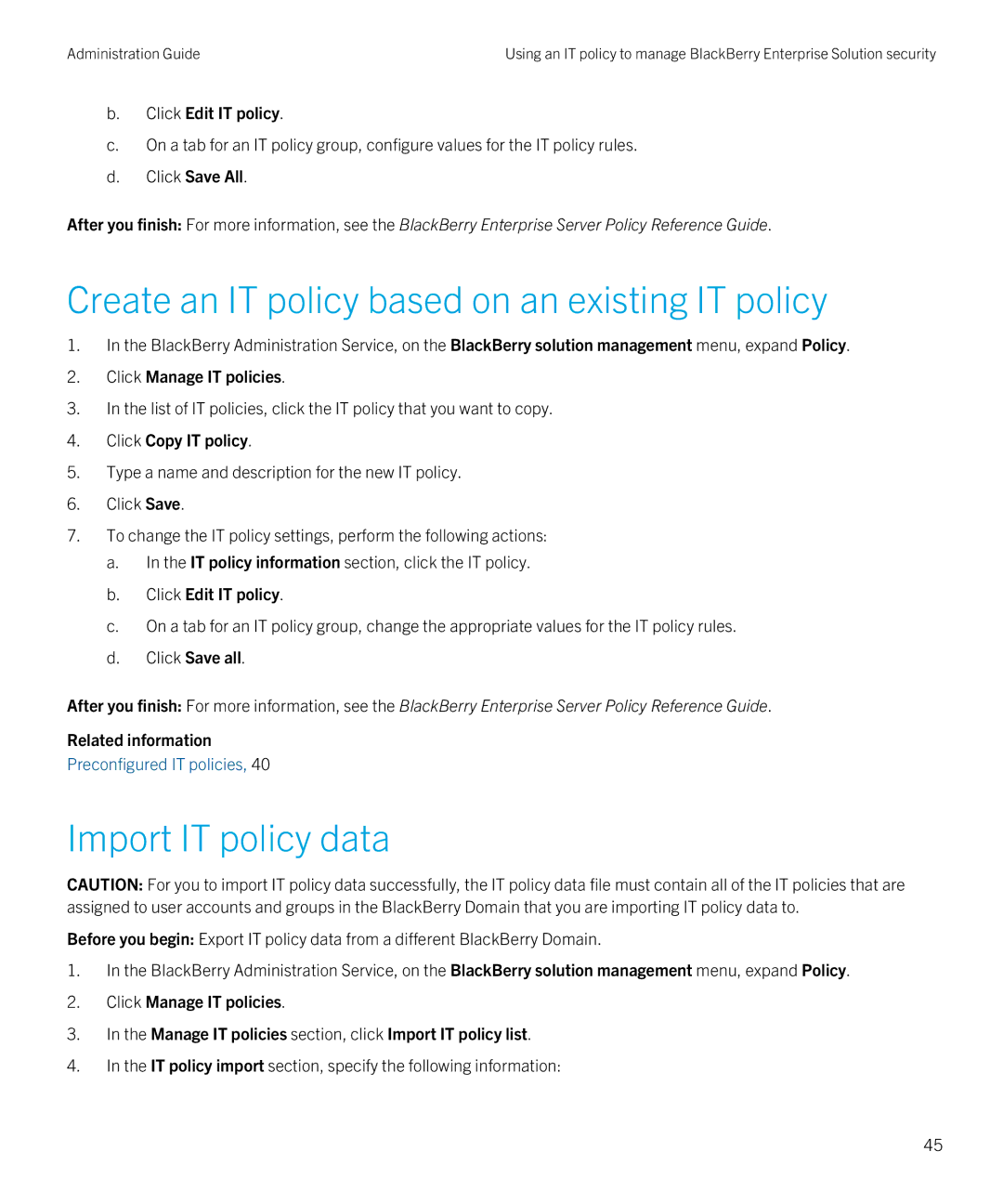 Blackberry SWD-20120924140022907 manual Create an IT policy based on an existing IT policy, Import IT policy data 