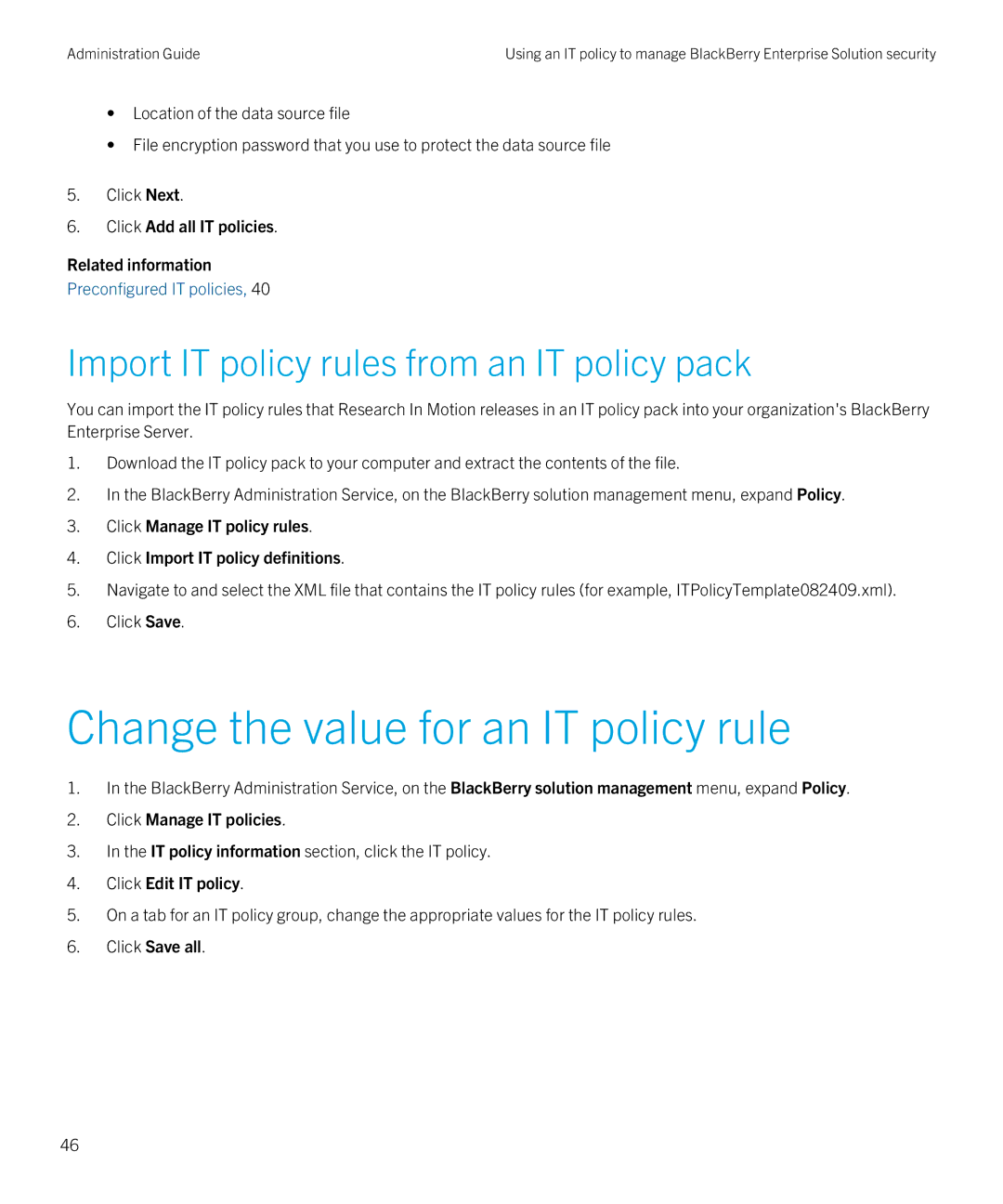 Blackberry SWD-20120924140022907 Change the value for an IT policy rule, Import IT policy rules from an IT policy pack 