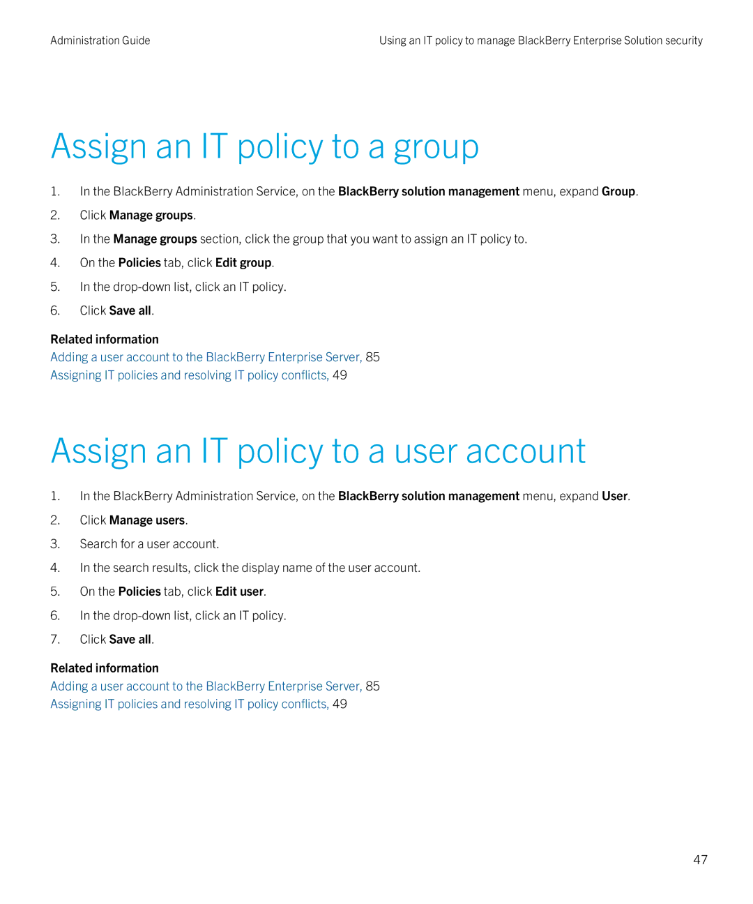 Blackberry SWD-20120924140022907 manual Assign an IT policy to a group, Assign an IT policy to a user account 