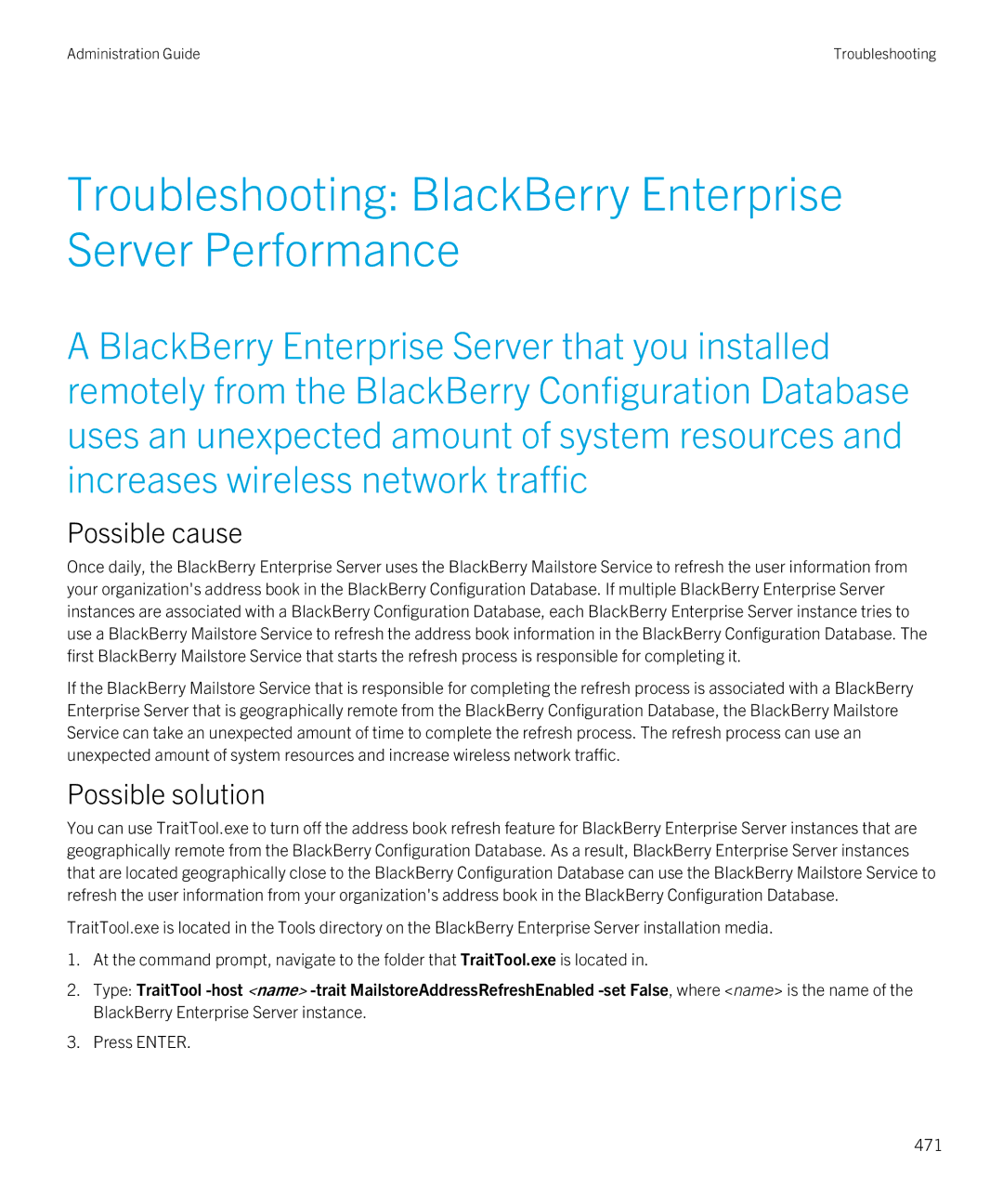 Blackberry SWD-20120924140022907 manual Troubleshooting BlackBerry Enterprise Server Performance, Press Enter 471 