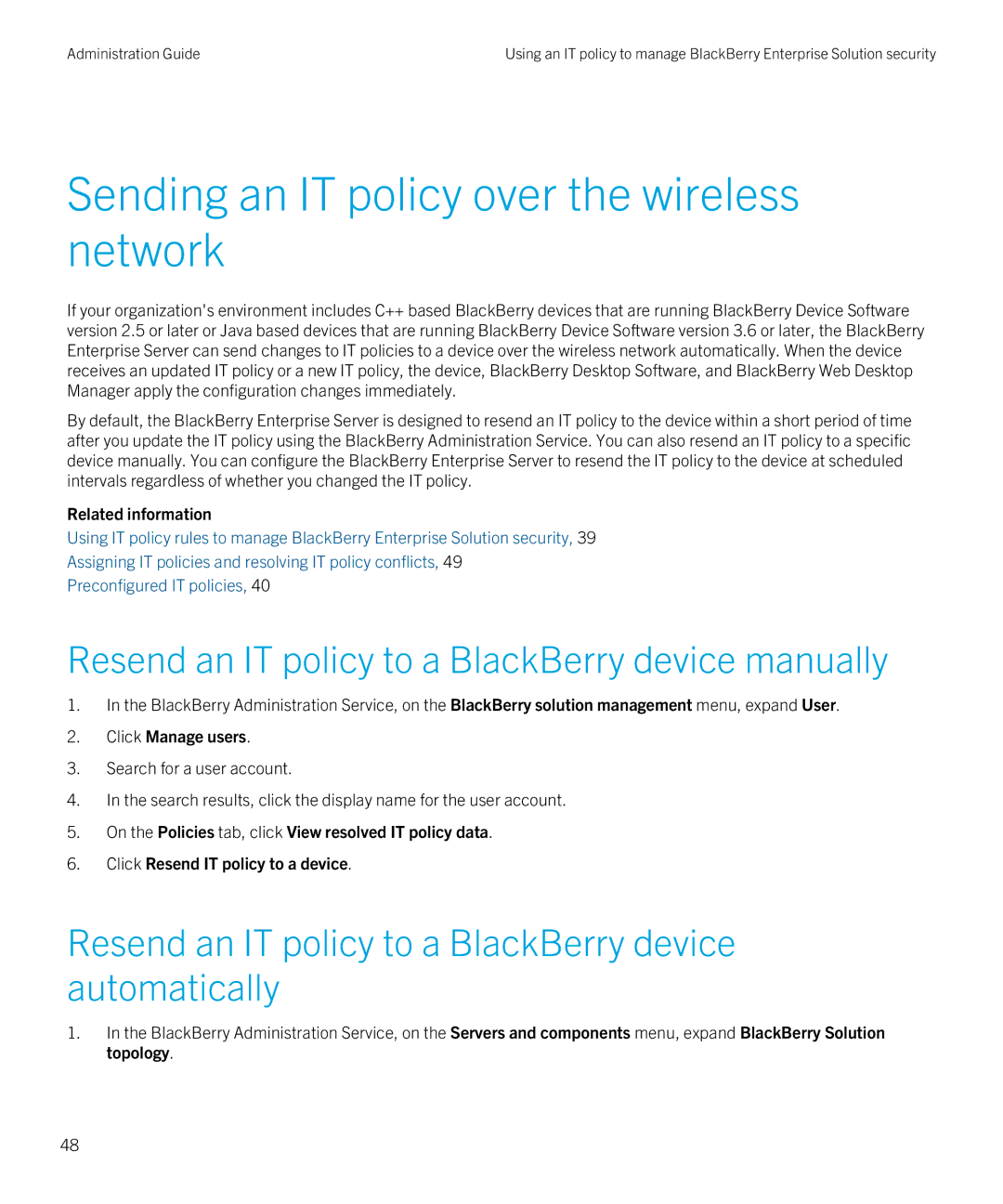 Blackberry SWD-20120924140022907 manual Sending an IT policy over the wireless network 