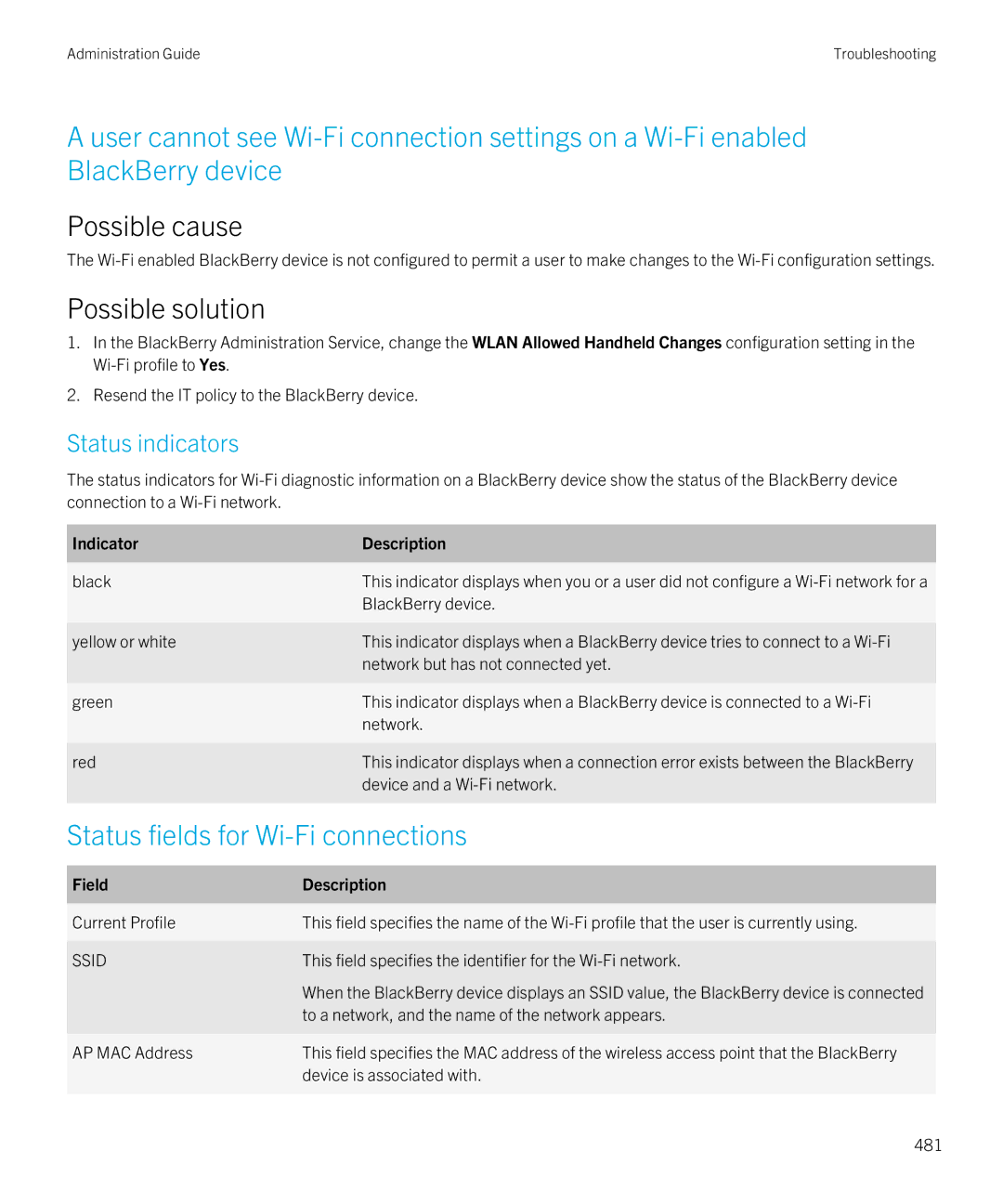 Blackberry SWD-20120924140022907 manual Status fields for Wi-Fi connections, Indicator Description 