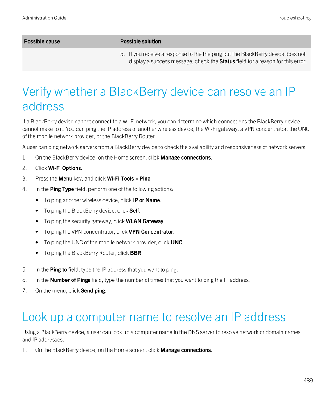 Blackberry SWD-20120924140022907 manual Verify whether a BlackBerry device can resolve an IP address 