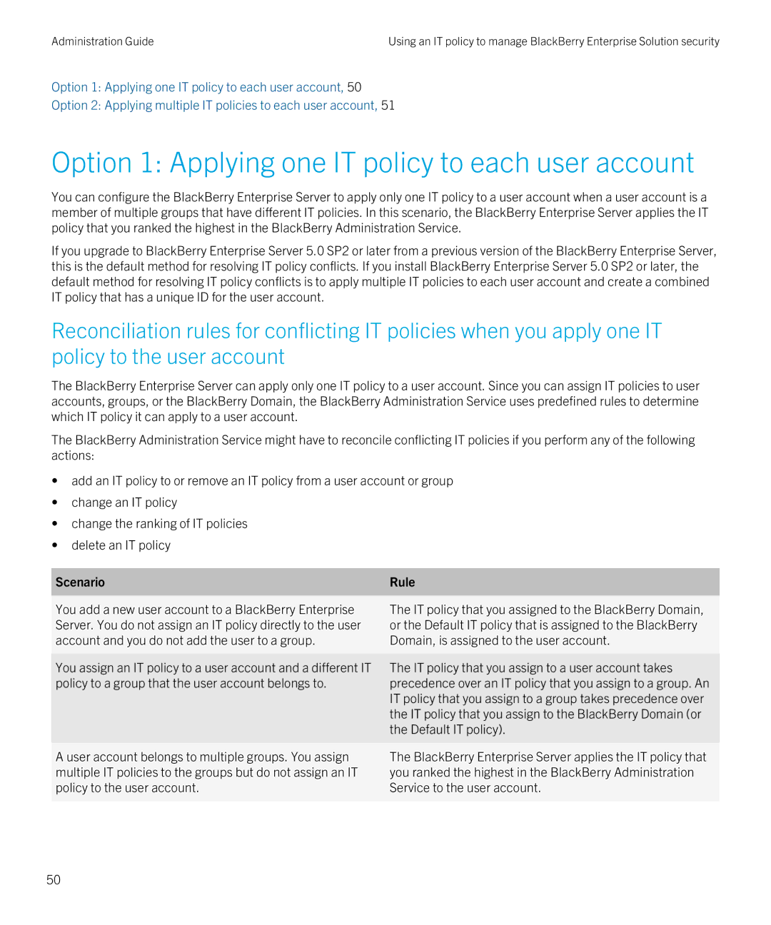 Blackberry SWD-20120924140022907 manual Option 1 Applying one IT policy to each user account, Scenario Rule 