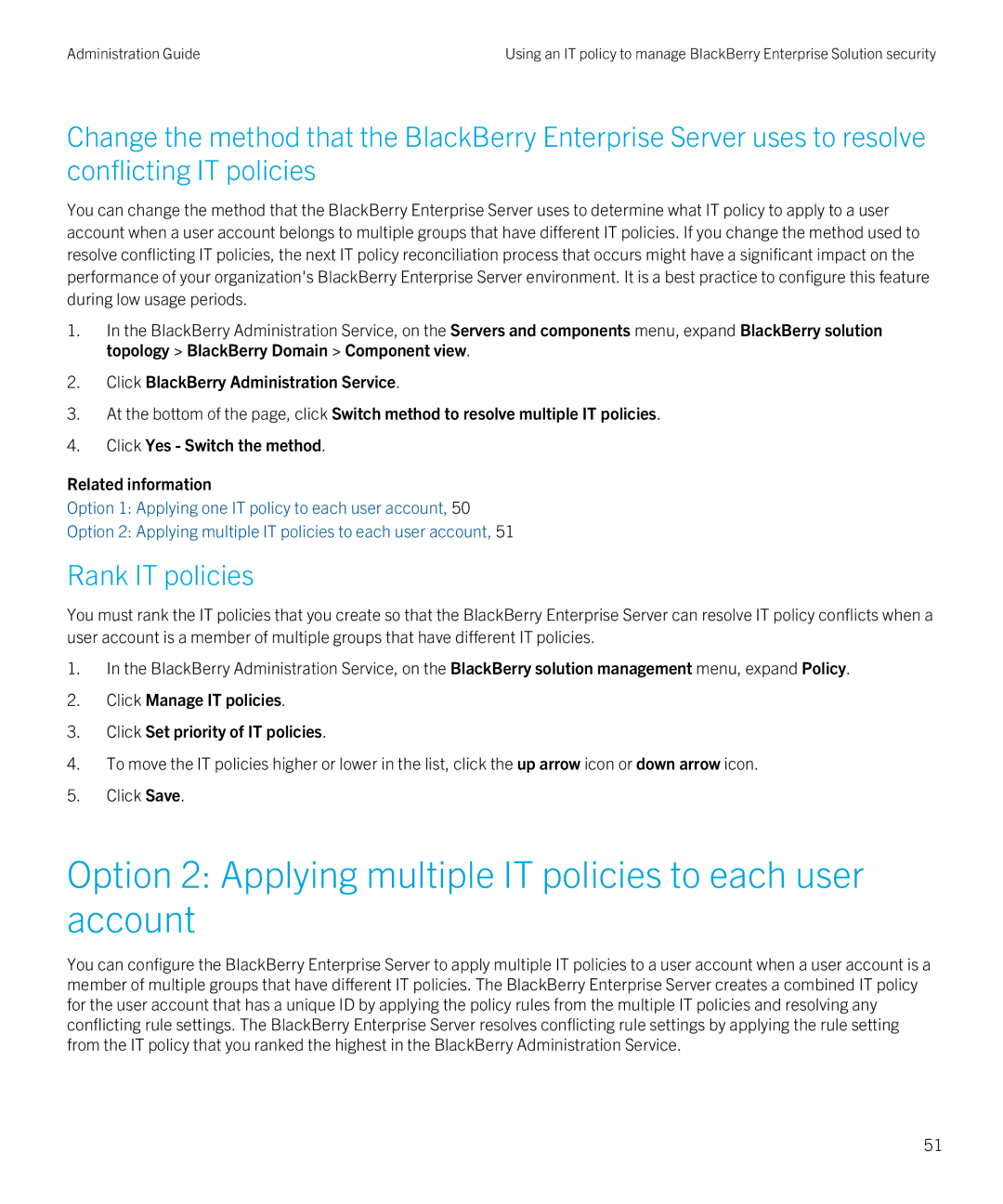 Blackberry SWD-20120924140022907 manual Option 2 Applying multiple IT policies to each user account, Rank IT policies 