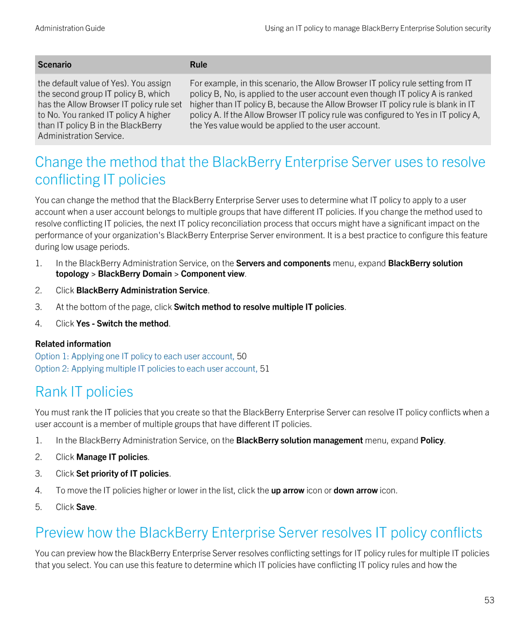 Blackberry SWD-20120924140022907 manual Default value of Yes. You assign, To No. You ranked IT policy a higher 